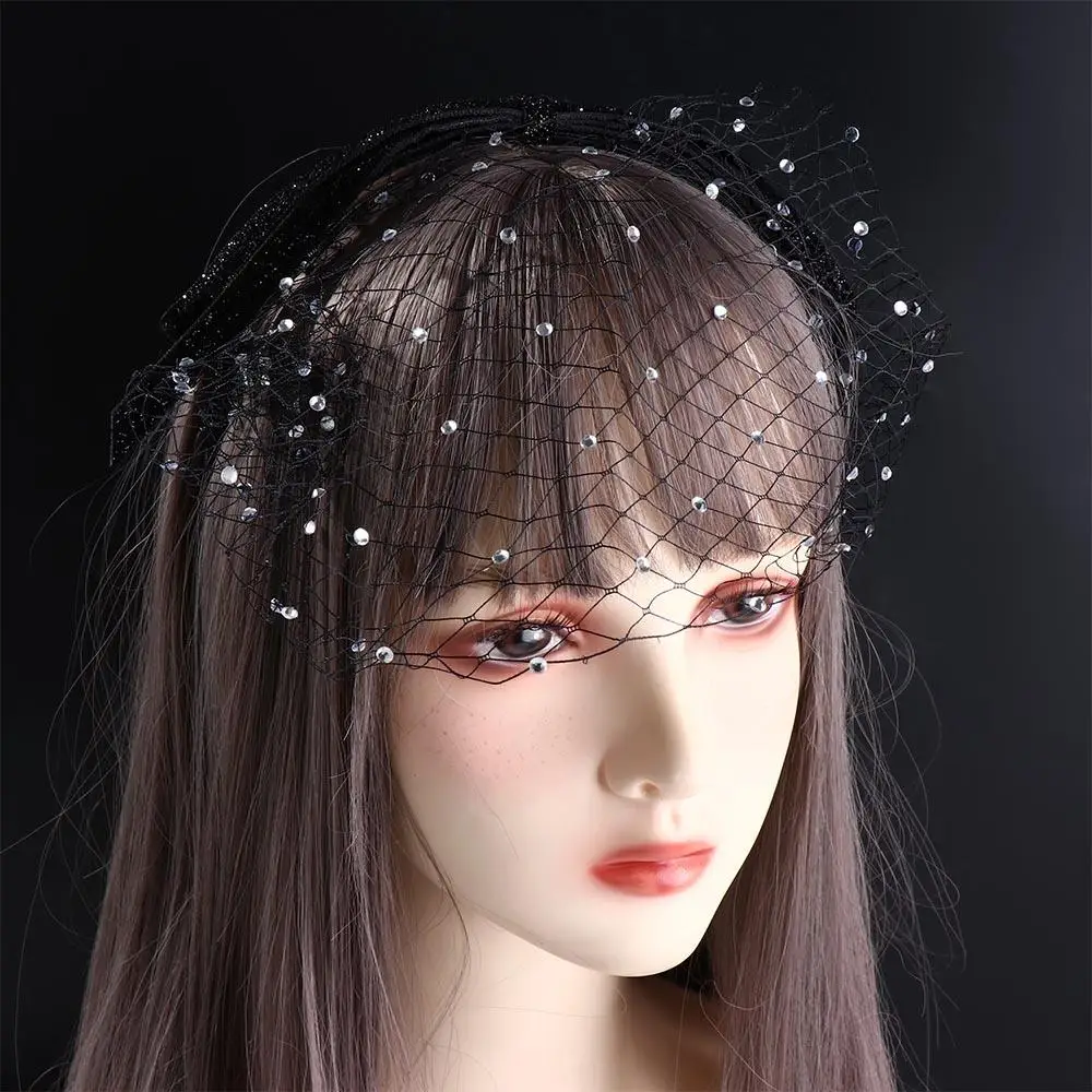 Sweet Black Mesh Bow Headband Bowknot Cloth Bride Veil Hair Hoop Hairband Korean Style Rhinestone Headband Daily