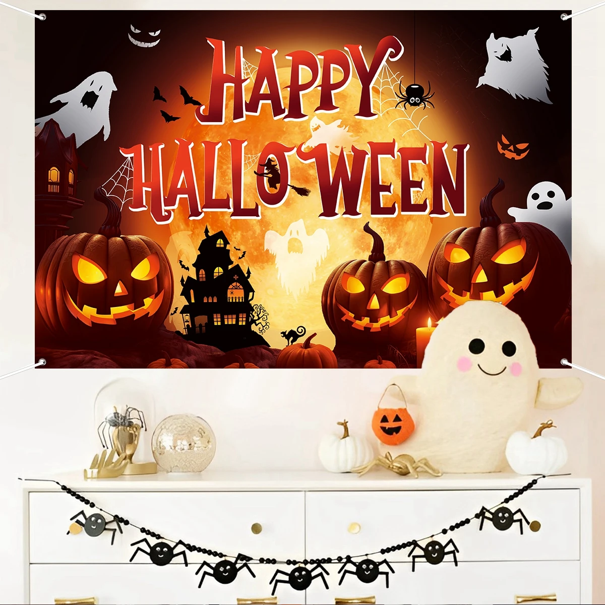 Halloween Ghost Spider Bat Background Cloth Happy Halloween Party Decoration For Home 2024 Pumpkin Skeleton Photography Backdrop