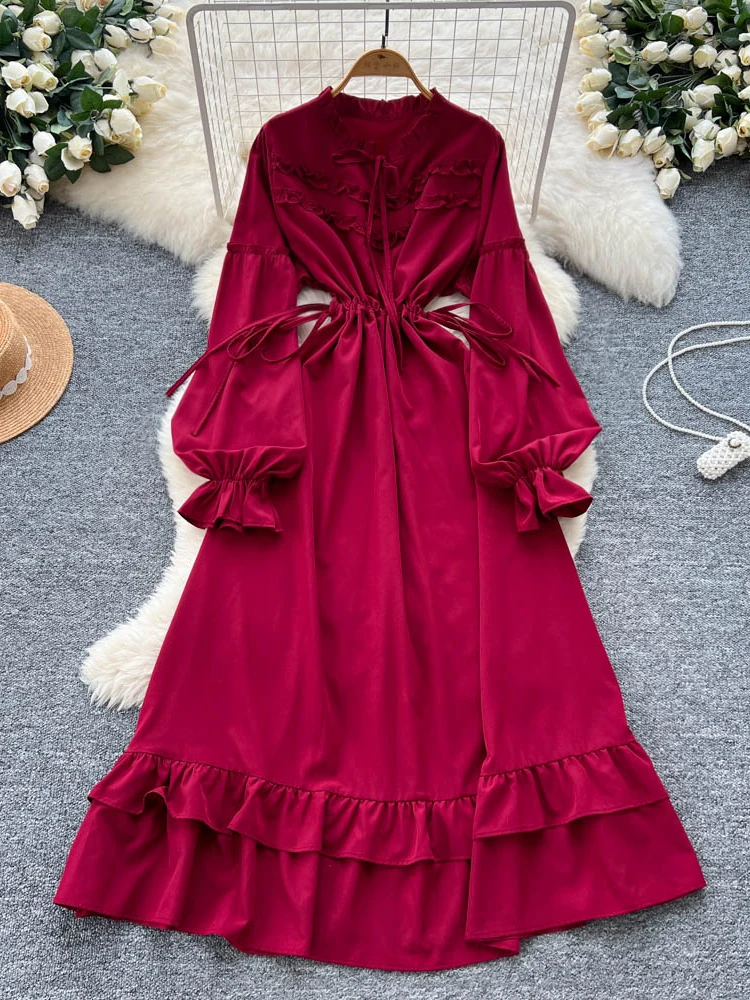 

Retro Tie Waist Bell Sleeve Maxi Dress Women's Fashion Slimming Heavy Embellishment Long Dress Korean Style High Waist A-Line...