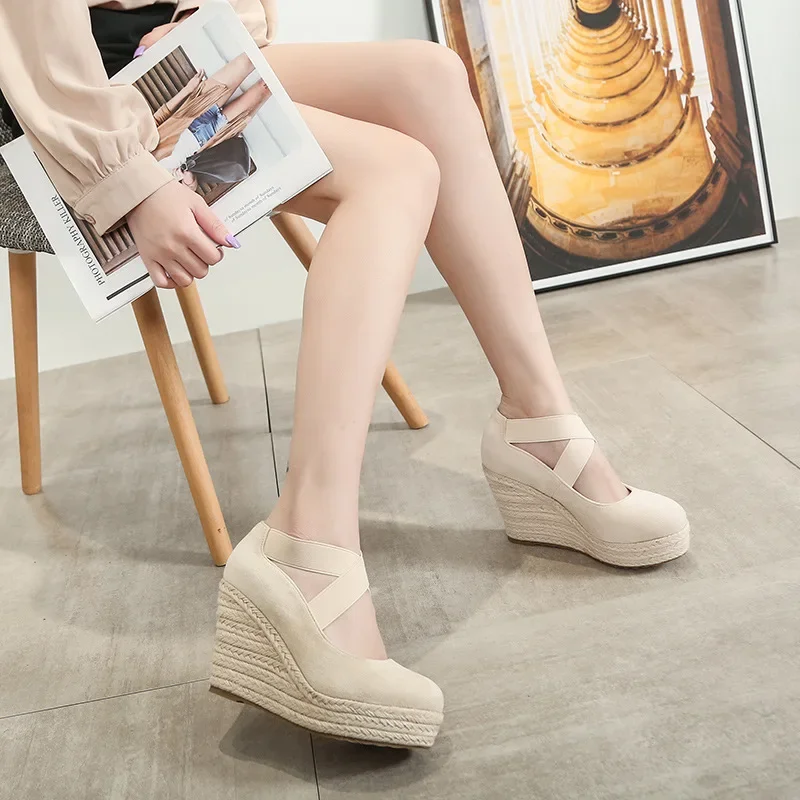 10cm obcas espadryle kobiety Suede Wedge pojedyncze buty płytkie usta nowe sandały wysokie obcasy wiosna jesień 2023