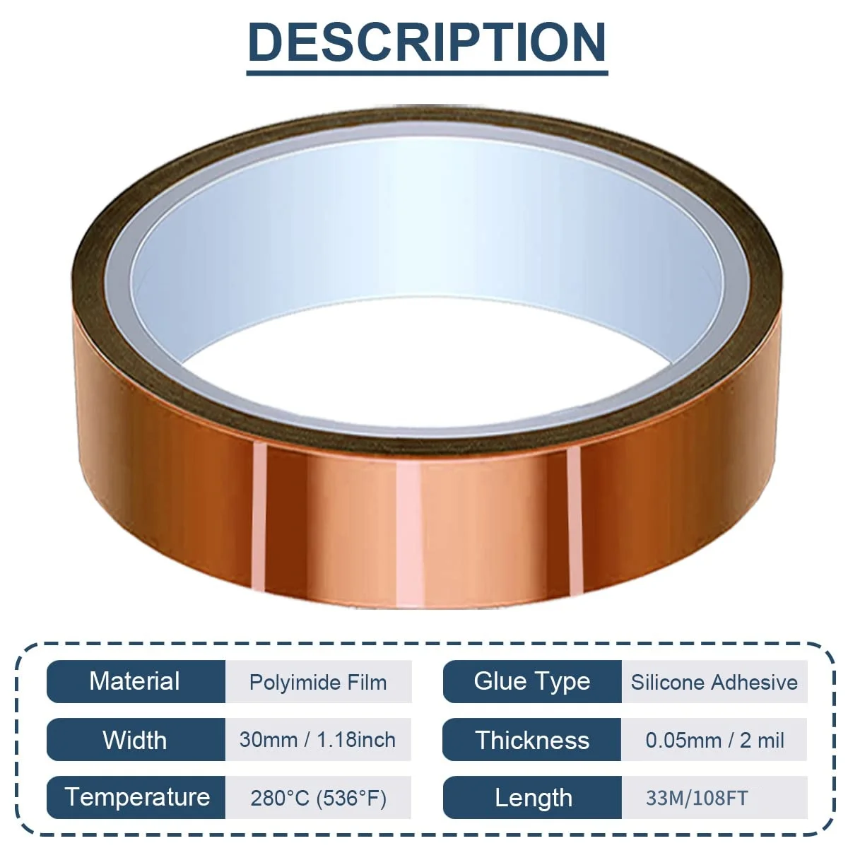 Polyimide high-temperature tape, thermal conductive tape, used for masking/welding/3D printers/batteries，1.18inch x 108feet