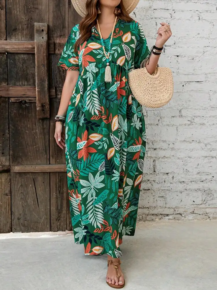 2024 Wiosna/Lato Nowa damska sukienka z nadrukiem, dekoltem w szpic, z krótkim rękawem, plus size, długa spódnica w dużych rozmiarach