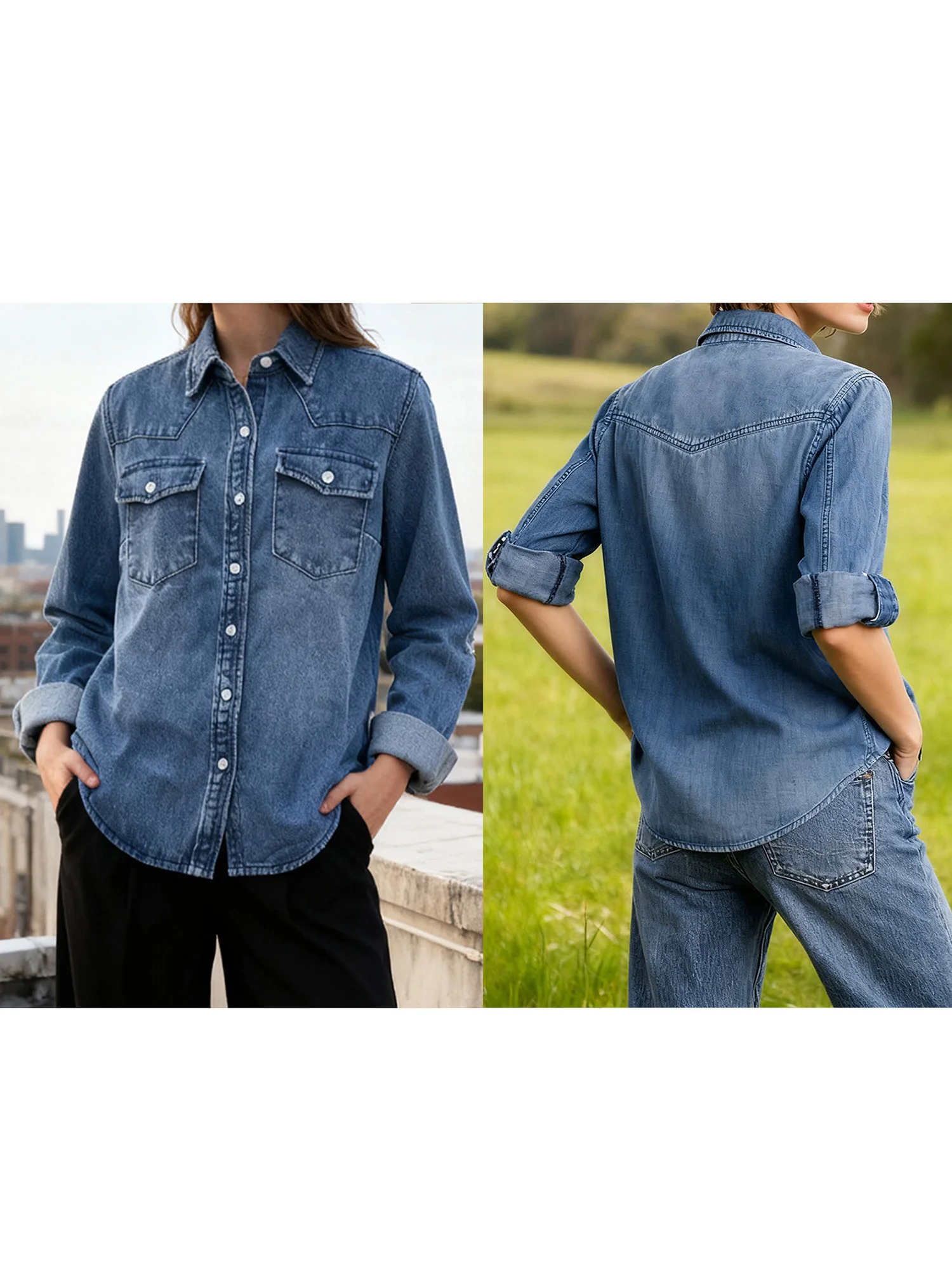 

Женская джинсовая рубашка. Стильный топ на пуговицах с длинными рукавами и карманами для повседневной повседневной носки осеннего сезона.