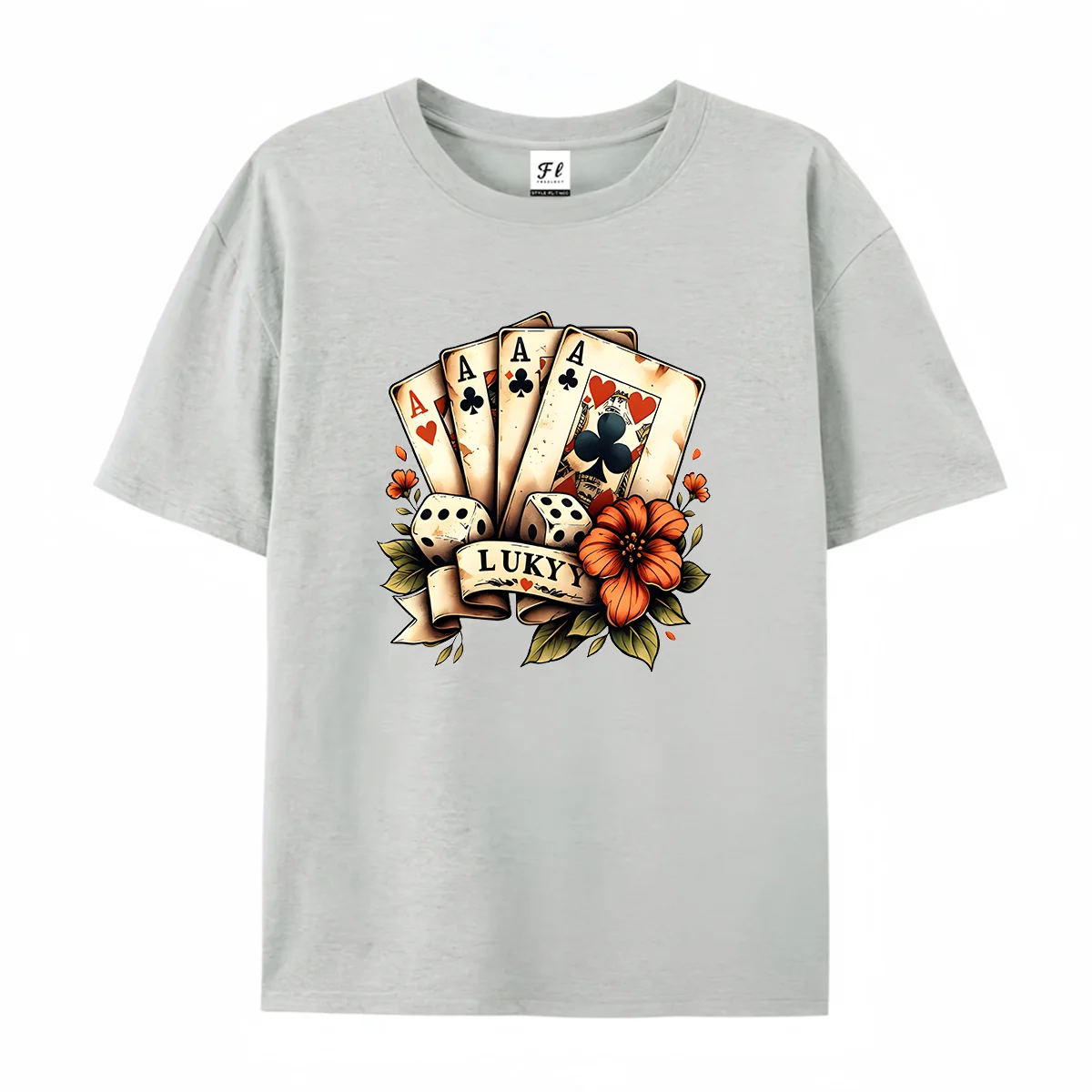 Women Vintage Poker A Dice Floral Graphic T Shirt Casual Short Sleeve Tee Retro Lucky Card Print Loose Soft Cotton Tops Female
