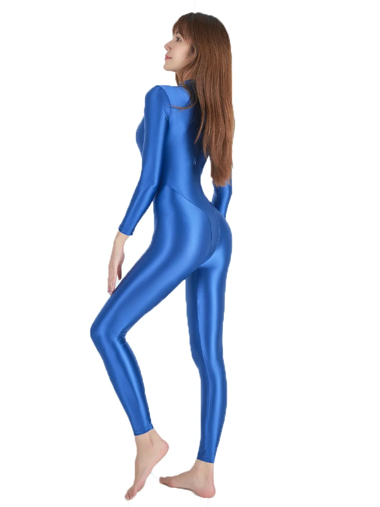 AMORESY Sexy Shiny Long Sleeve One Piece Jumpsuits Oil Smooth High Neck Tights Zipper Running Yoga Bodysuits Sportswear Overalls