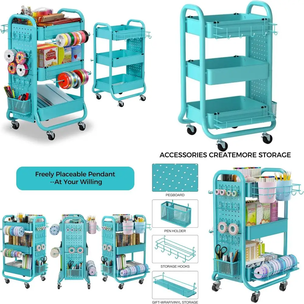 

3-уровневая тележка для хранения на колесиках со съемной перфорированной доской и дополнительными корзинами, металлические тележки для рукоделия для подарков
