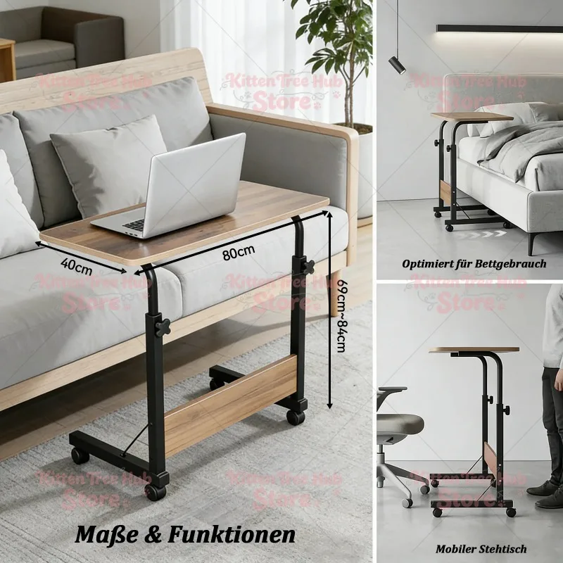 C-Shaped Rolling Side Table, Metal & Wood Construction, 360 °   Wheels, up to 30kg Load for Rv & Home
