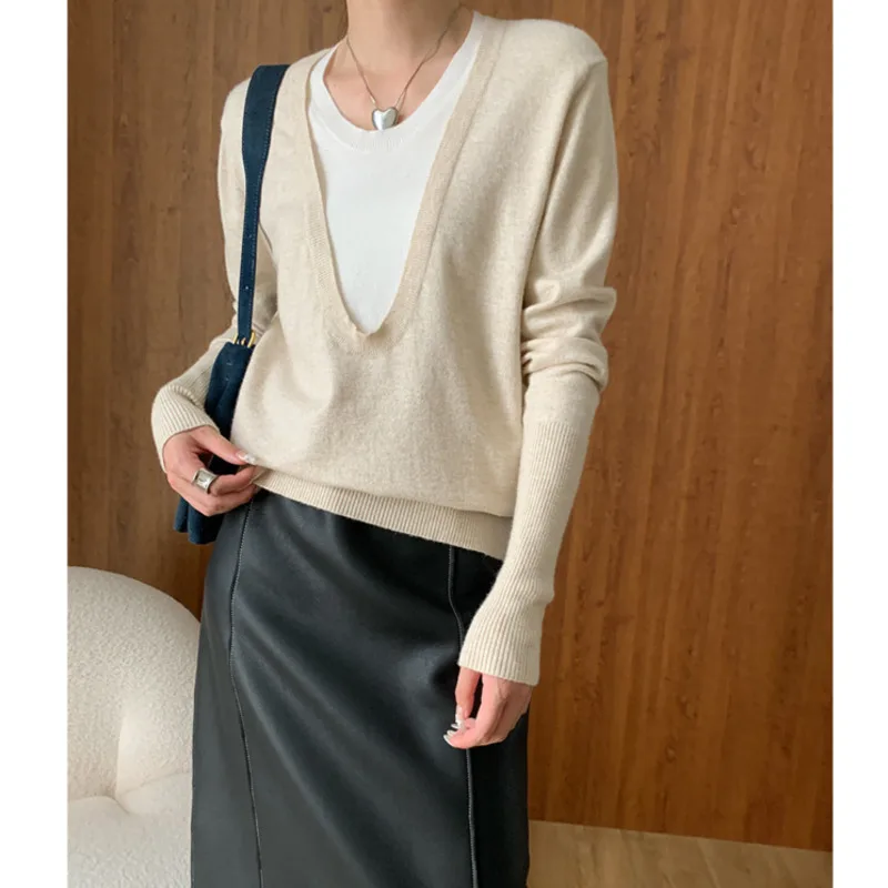 Autumn Fake Two-piece Knitted Sweater V-neck Wool Blend Long Sleeve Loose Knitted Pullovers Tops