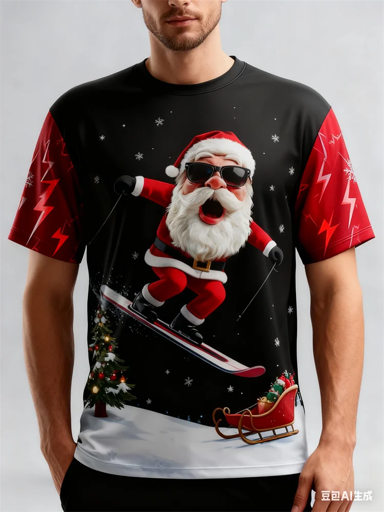 Santa Claus 3D Print Men's T Shirt Casual O-neck Short Sleeve Top Funny Christmas Elements Pattern Oversized Tees X'mas Clothing