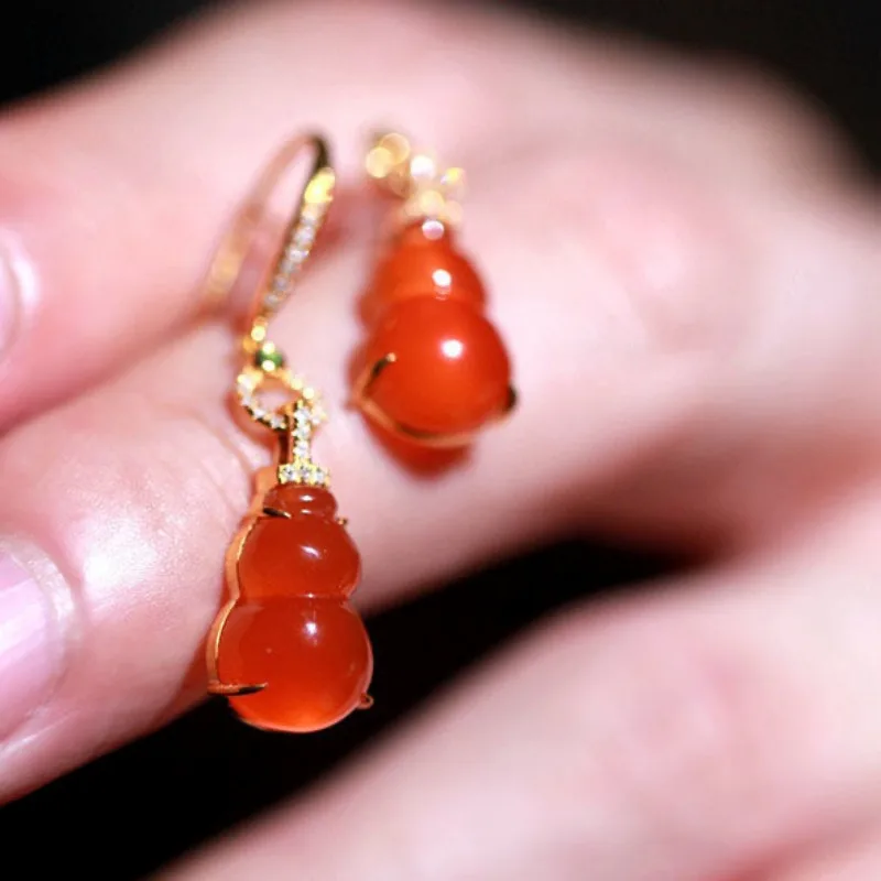 Light luxury tangerine Orange-red natural iced chalcedony gourd earrings for women fashion vintage earings banquet jewelry