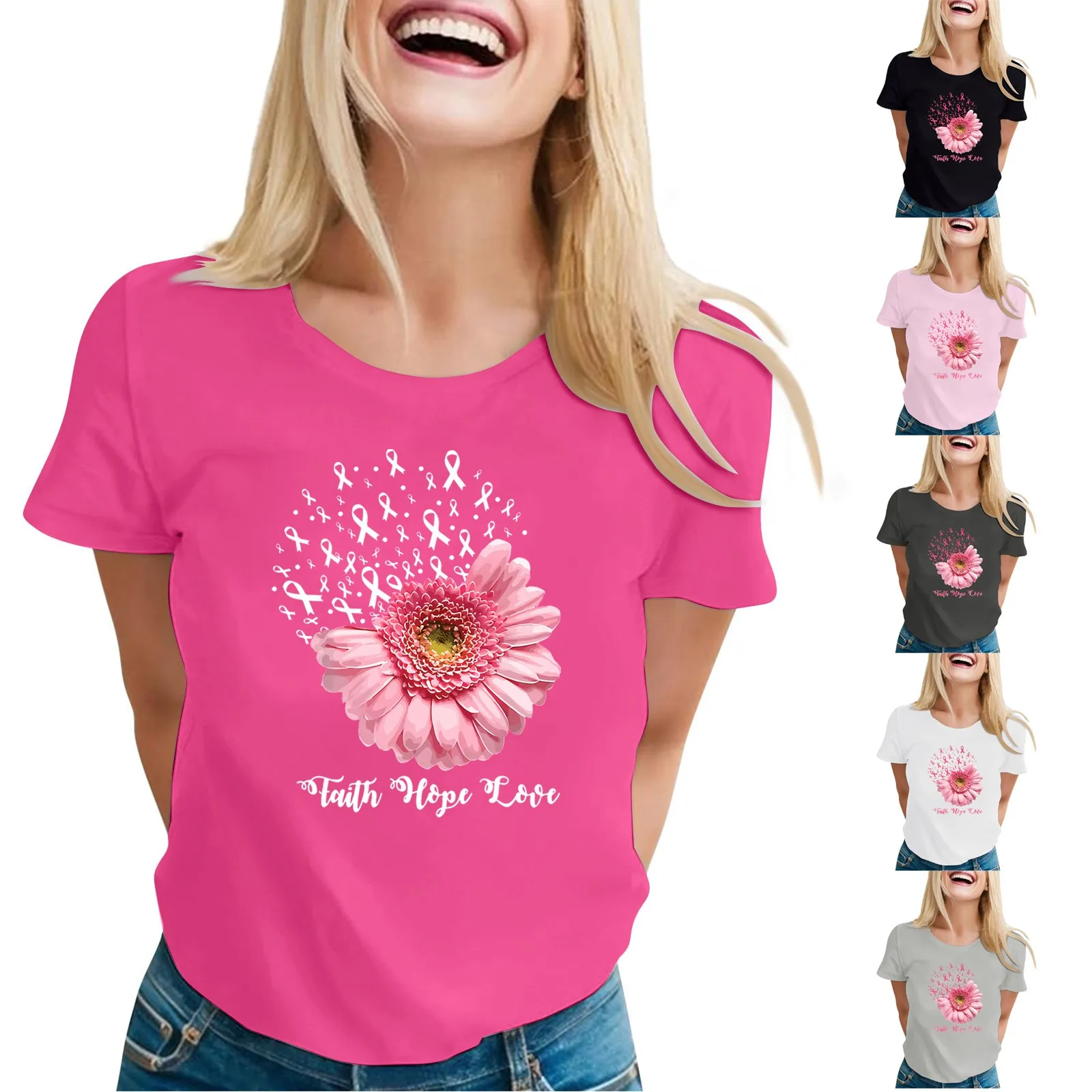 Frauen neue Tops Mode lässig Kurzarm Brustkrebs Day Print Rundhals-Pullover Tops täglich grundlegende regelmäßige bequeme Tops