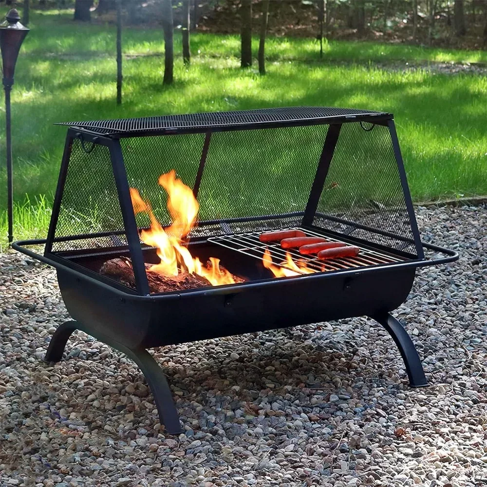 

36-Inch Northland Outdoor Rectangular Fire Pit with Cooking Grill, Poker, and Spark Screen - Black Finish