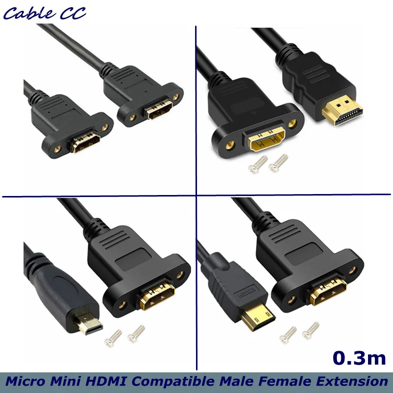 30cm Micro HDMI-Compatible Male to Mini HDMI-Compatible Female Extension Connector Screw Lock Panel Mount HD AV Camera Cable