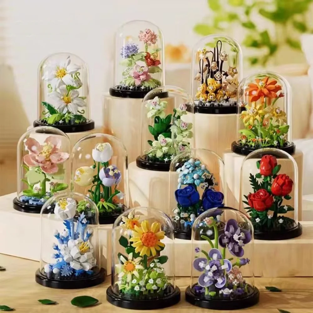 Plastic Flower Bouquet Bonsai Building Blocks Colorful Realistic Eternal Rose Assembled Toy Desktop Building Blocks Ornaments