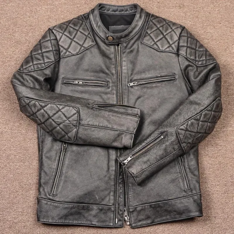 LNY Shop Best.Retro Brand motor biker real leather jacket.Mens gray cowhide coat.quality Vintage natural leather cloth.Cool