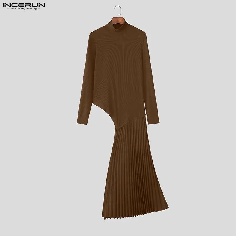 

INCERUN Men Irregular T Shirt Solid Turtleneck Long Sleeve Male Long Style Tee Tops Streetwear Knitted Pleated Fashion Camisetas