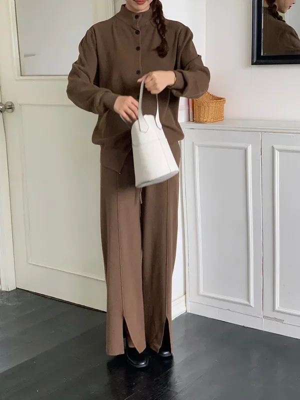 Single Breasted Knitted Sweater Cardigan Two-piece Set for Women\'s Autumn Winter Split High Waisted Wide Leg Pants Fashionable