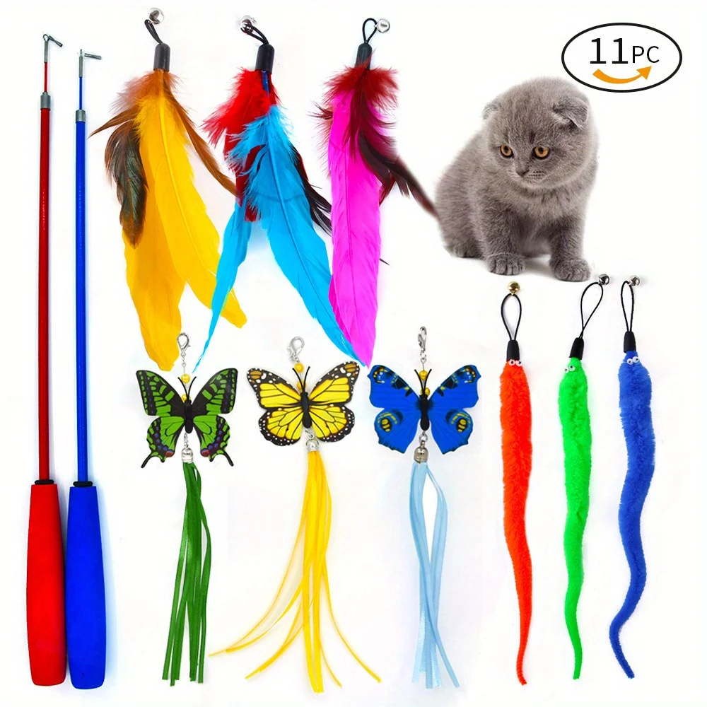 

Interactive Cat Toys 11 Pack Funny Feather with Bell Cat Stick Toy for Kitten Playing Teaser Wand Toy Pet Cats Supplies