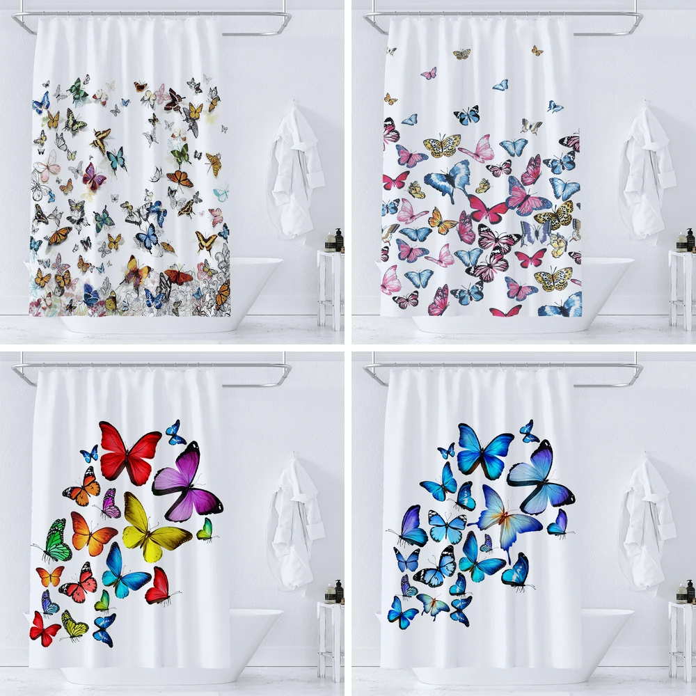 

Beautiful Butterflies Shower Curtains Watercolor Boho Floral Waterproof Morden Bathroom Bathtub Curtain Room Decor With Hooks