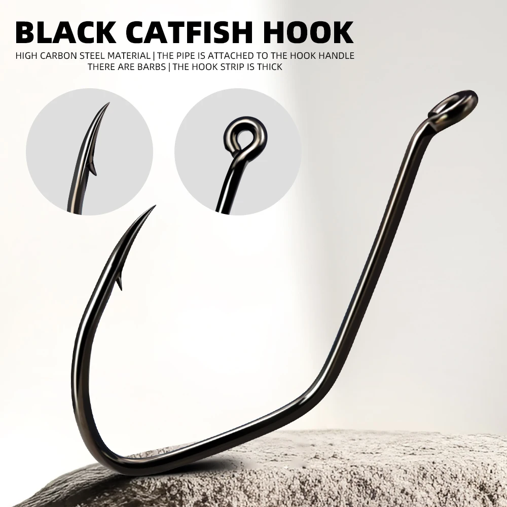 ZYZHE 4~11 Stück/Beutel Schwarze Welsangelhaken Größe 1/0 # -8/0 # Hochfeste Kohlenstoffstahl-Welsangelhaken für Süßwasserfische – Detail 1