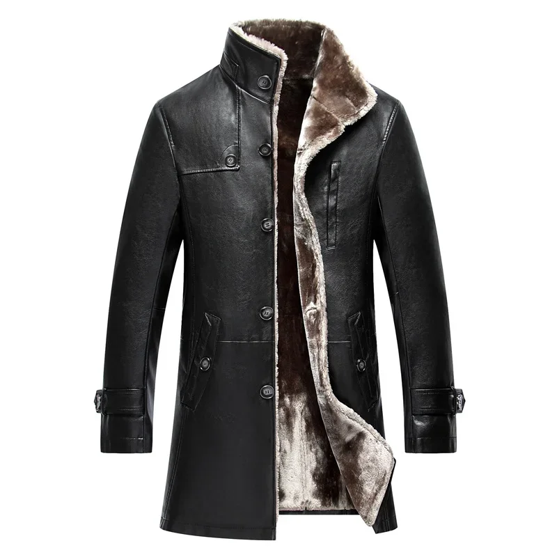 Long Standing Collar Mens Leather Coat Thickening Fur Coat Winter Male Fashion Warmth Overcoat Larger Size Jaqueta De Couro