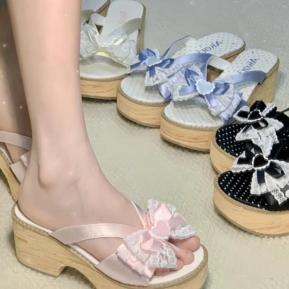 Sweet Bow Wood Grain Thick Bottom Platform Slippers Women Summer Japanese Cos Comfortable High Heeled Sandals