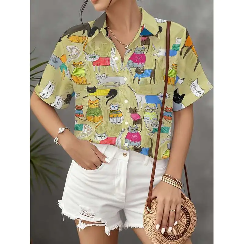 New Women's Short Sleeve Cat Print Shirt Button Up Casual Commuter Top Diverse Colors Machine Washable