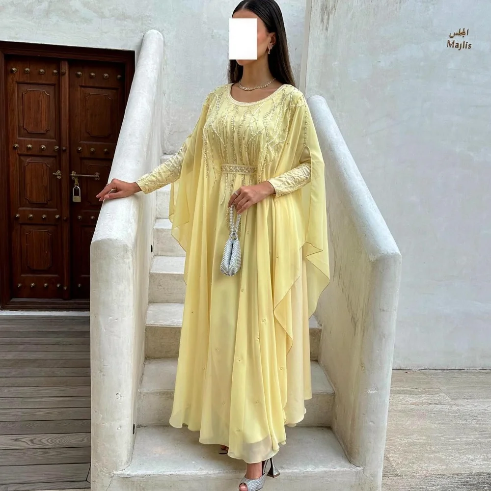 Robe de Bal en Mousseline de Soie, Tenue de Soirée Drapée à Perles, Coupe Trapèze, Col Rond, sur Mesure, pour Occasions, Midi, Mexique