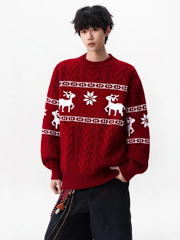 

Red Zodiac Year Thiened Warm Retro Knitted Sweater Men's round Ne Pullover Autumn Winter Loose Twist Knitwear Top
