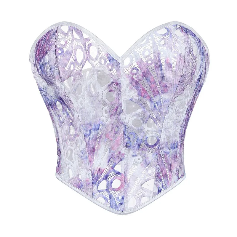 Trägerloses Hohlspitzen-Korsett Crop Top mit Aquarelldruck, Sweetheart-Bustier, Damen-Cincher, Vintage-Shapewear
