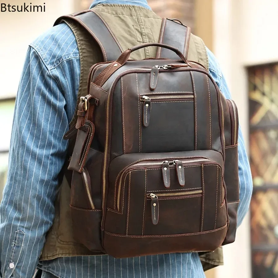 New Men's Leather Backpack Retro Luxury Fashion Style Bagpack Big Travel Bag Backpack School Bag for Man Genuine Leather Daypack