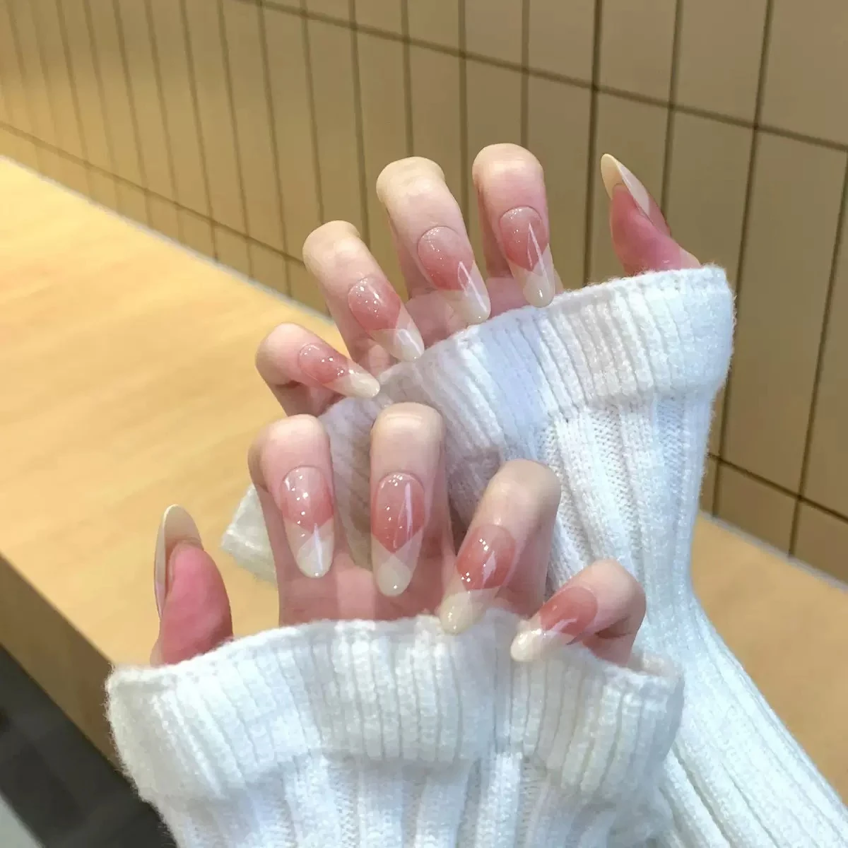 10pcs/bag Cat Magnetic Blush Effect Star French Check Pattern Handmade Press On Nails M/S Size Almond Full Cover False Nails