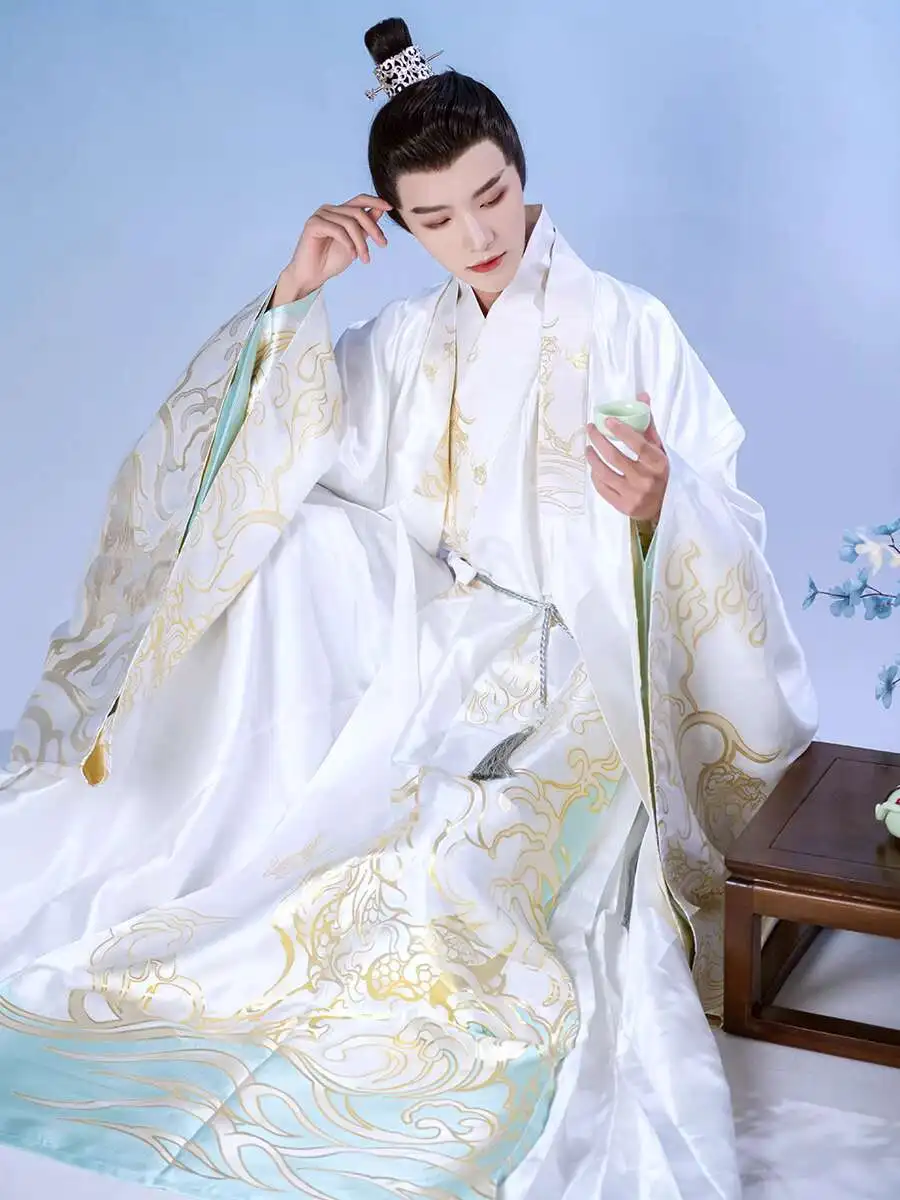 

Baize Ming Dynasty Hanfu Men's Cross Collar Taoist Robe Woven Gold Cloak Chinese Style Cosplay Costume