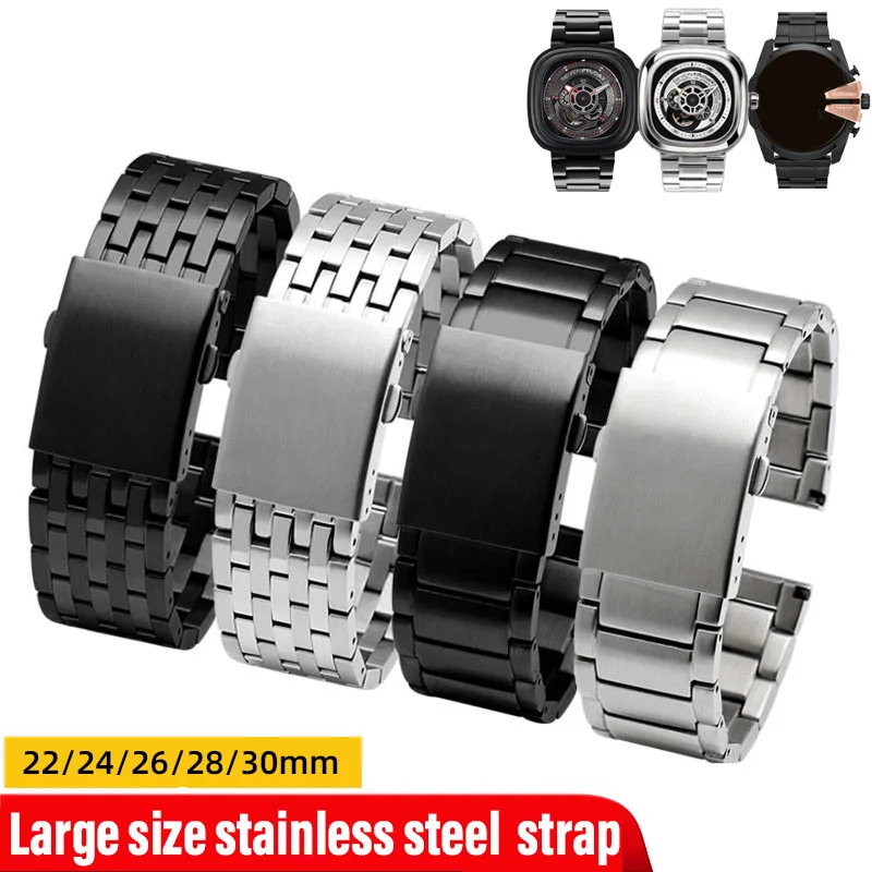 24mm 26mm 28mm 30mm Large size Stainless Steel Watch Strap For Panerai Diesel Seven Friday Watchband Silver Black Men's Bracelet