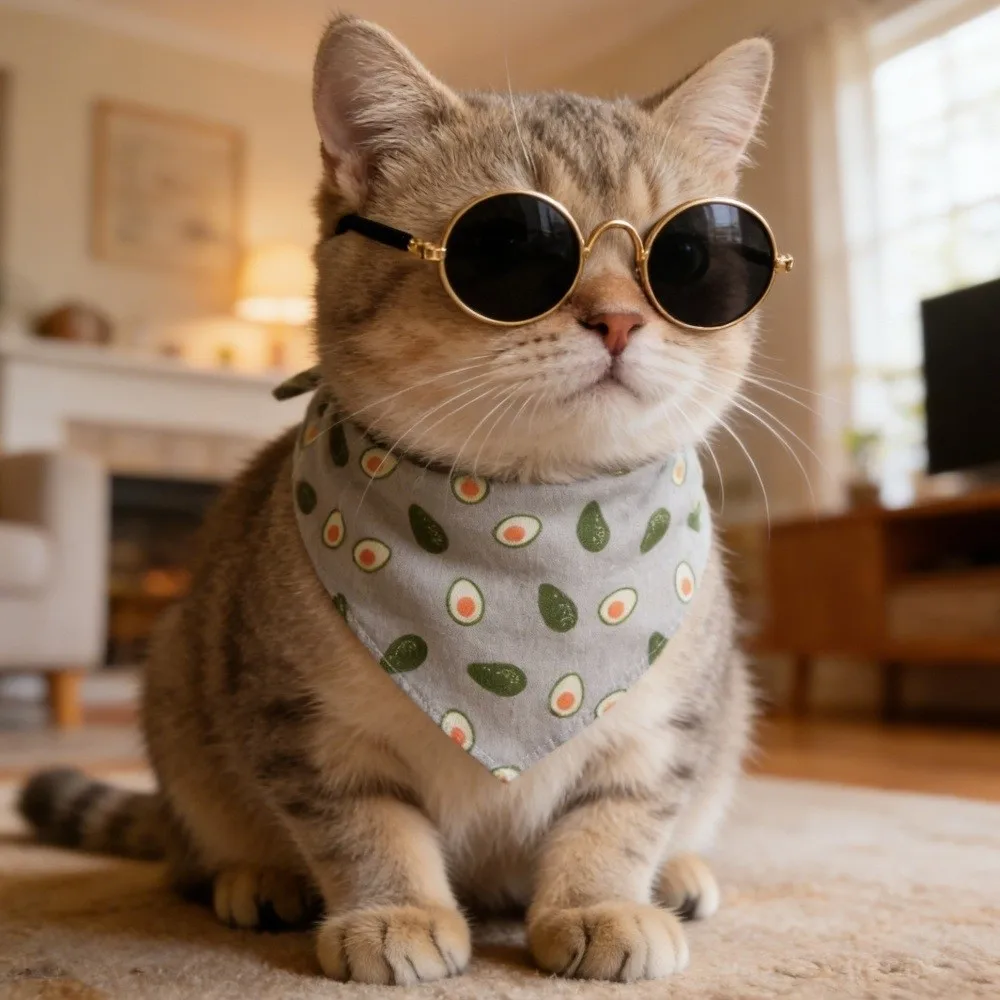 Decorative Cat Saliva Towel with Sunglasses Cute Fruit Pattern Puppy Collar Bib Triangular Pet Scarf