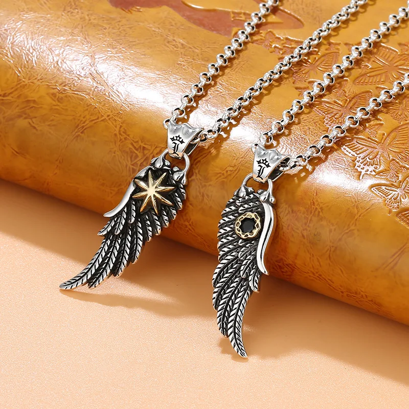 

sterling silver feather necklace men's wings pendant stylish domineering single hip hop pendant trendy sweatshirt chain pendant