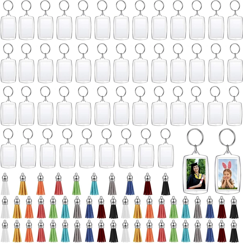 100PCS Rectangle Acrylic Photo Frame Keychain with Tassels Photo Insert Keyrings Blank for Double-Sided Photos DIY Supplies