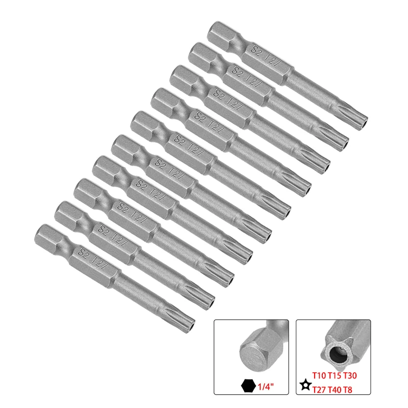 Puntas de destornillador de cabeza de seguridad de estrella magnética, vástago hexagonal S2 de 1/4 ", 10 piezas, 50mm, T10, T15, T30, T27, T40, T8