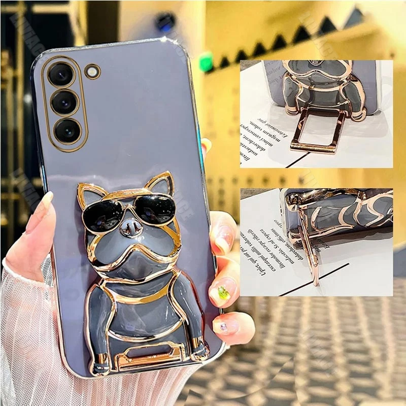 Cute Bulldog Plating phone Case For Samsung Galaxy S23 S20 S22 S21 S10 S9 S8 Note 10 20 8 9 Plus Ultra S20 Fe Stand Cover