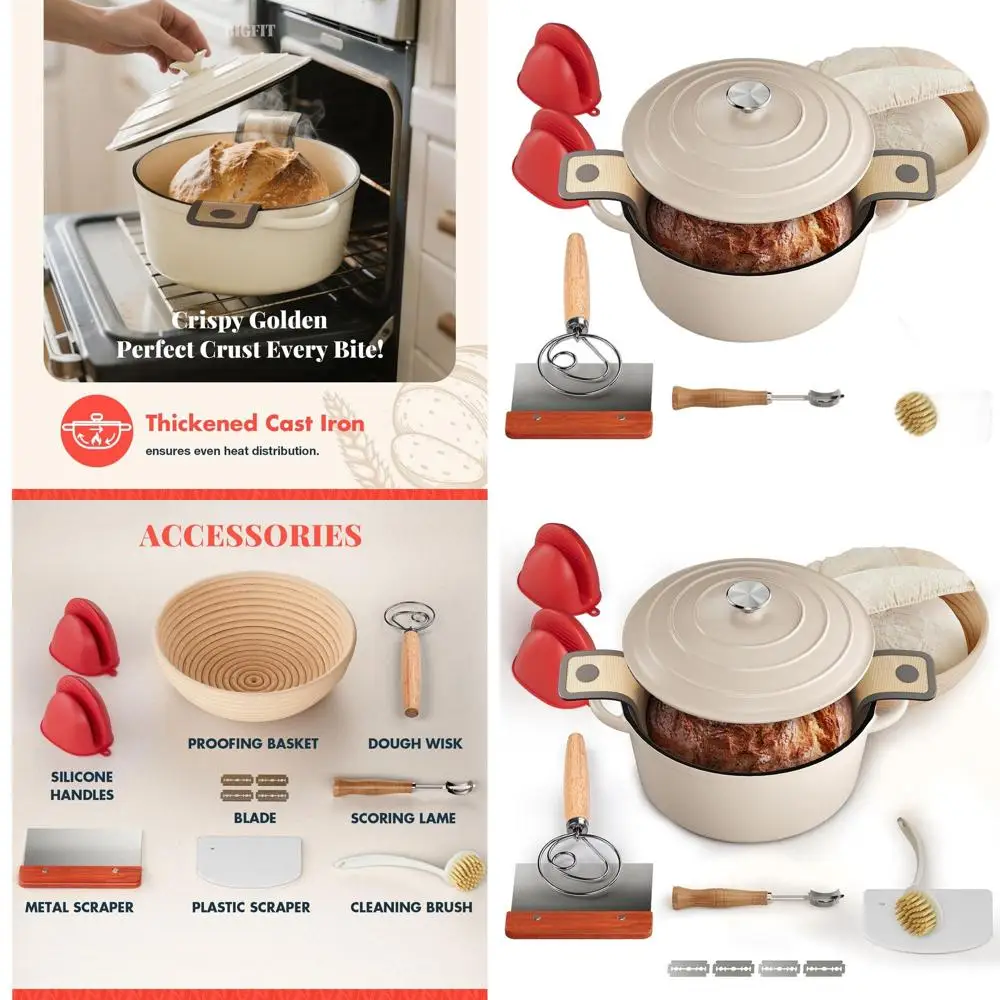 

Enameled Cast Iron Dutch Oven, 5-Quart, Ideal for Bread Baking and Sourdough with Banneton Proofing Basket