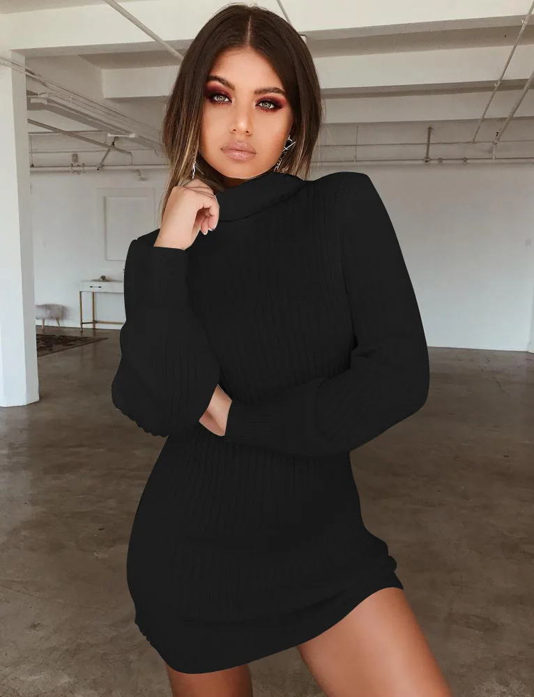 New Fashion Woman Solid Color Turtleneck Long Sleeve Loose Knitted Sweater Dress Women Casual Winter Slim Mini Sweater Dress