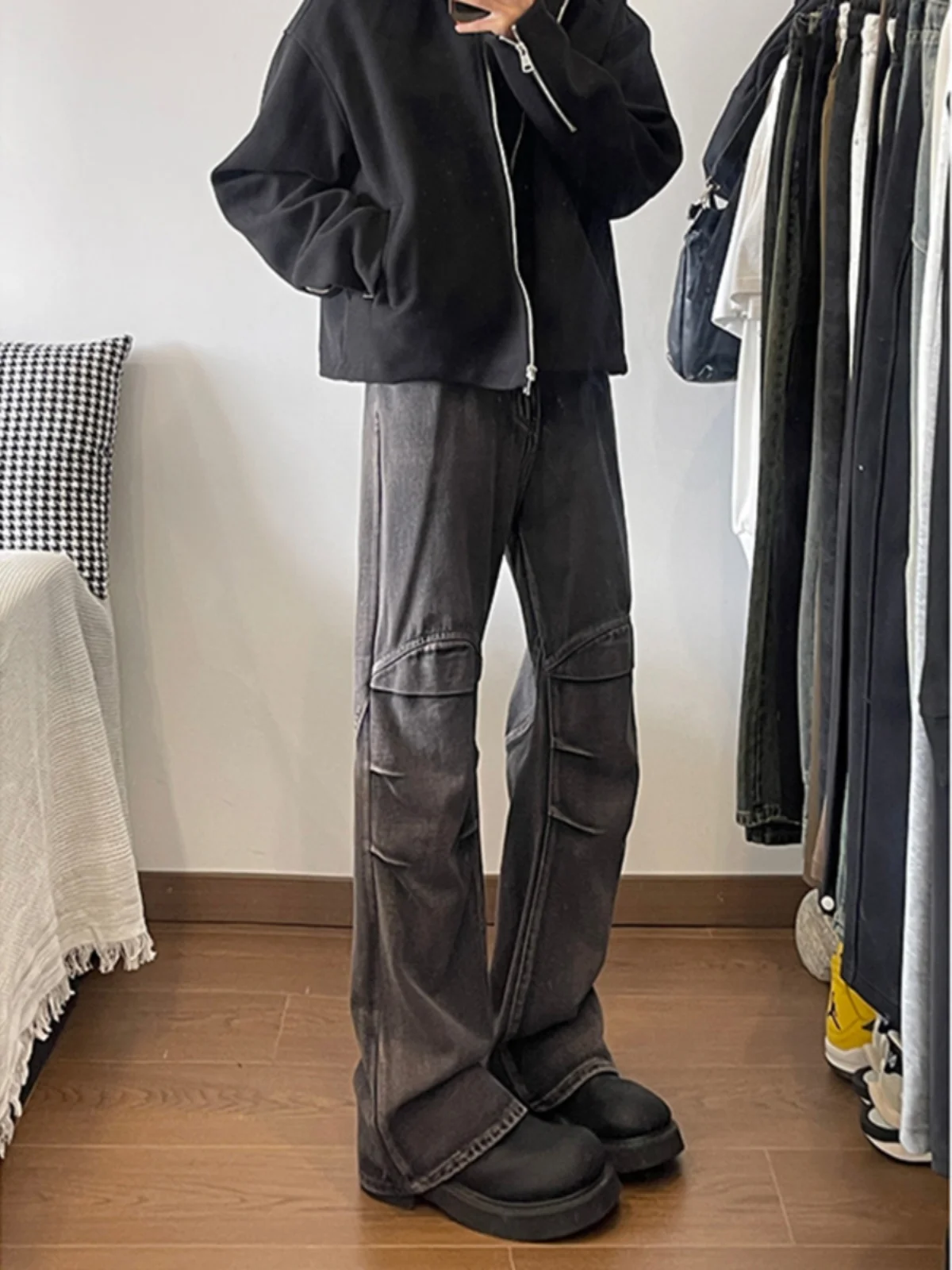 

High Waist Pleated Knee Men's Jeans Slim Straight Knife Pants Bla ey New 2024 Youth Faion Wear Resistant Long Pants