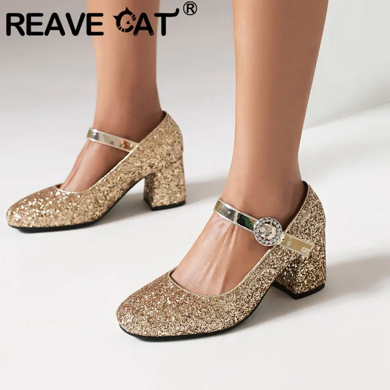 REAVE CAT Brand Ladies Pumps Round Toe Block Heels 6.5cm Buckle Strap Concise Soft Daily Women Shoes Size 45 46 47 48