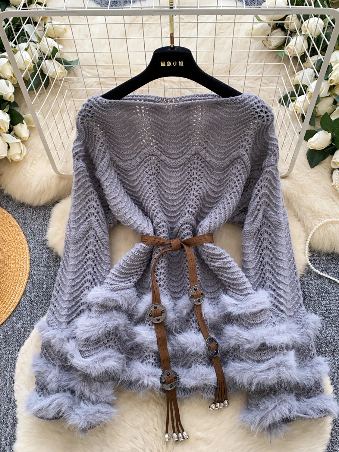 المرأة متماسكة سترة طويلة الأكمام الجوف خارج مربوط الخصر فروي تقليم بلوزة فضفاضة #6