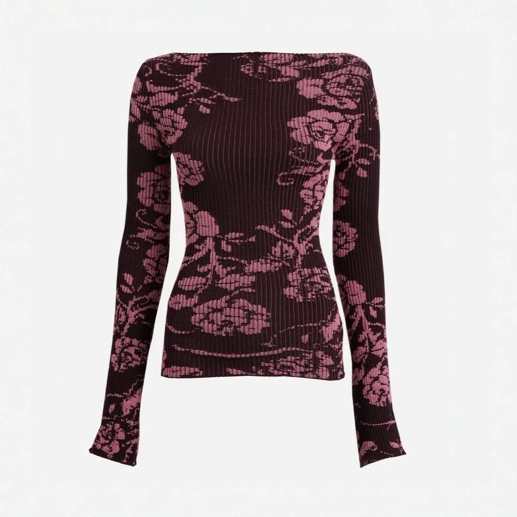 

Paloma Wool Rose Print Wool Long Sve Elastic round Ne T-irt Women's Faion Autumn Thin Velvet Fabric Ro Knitted Top