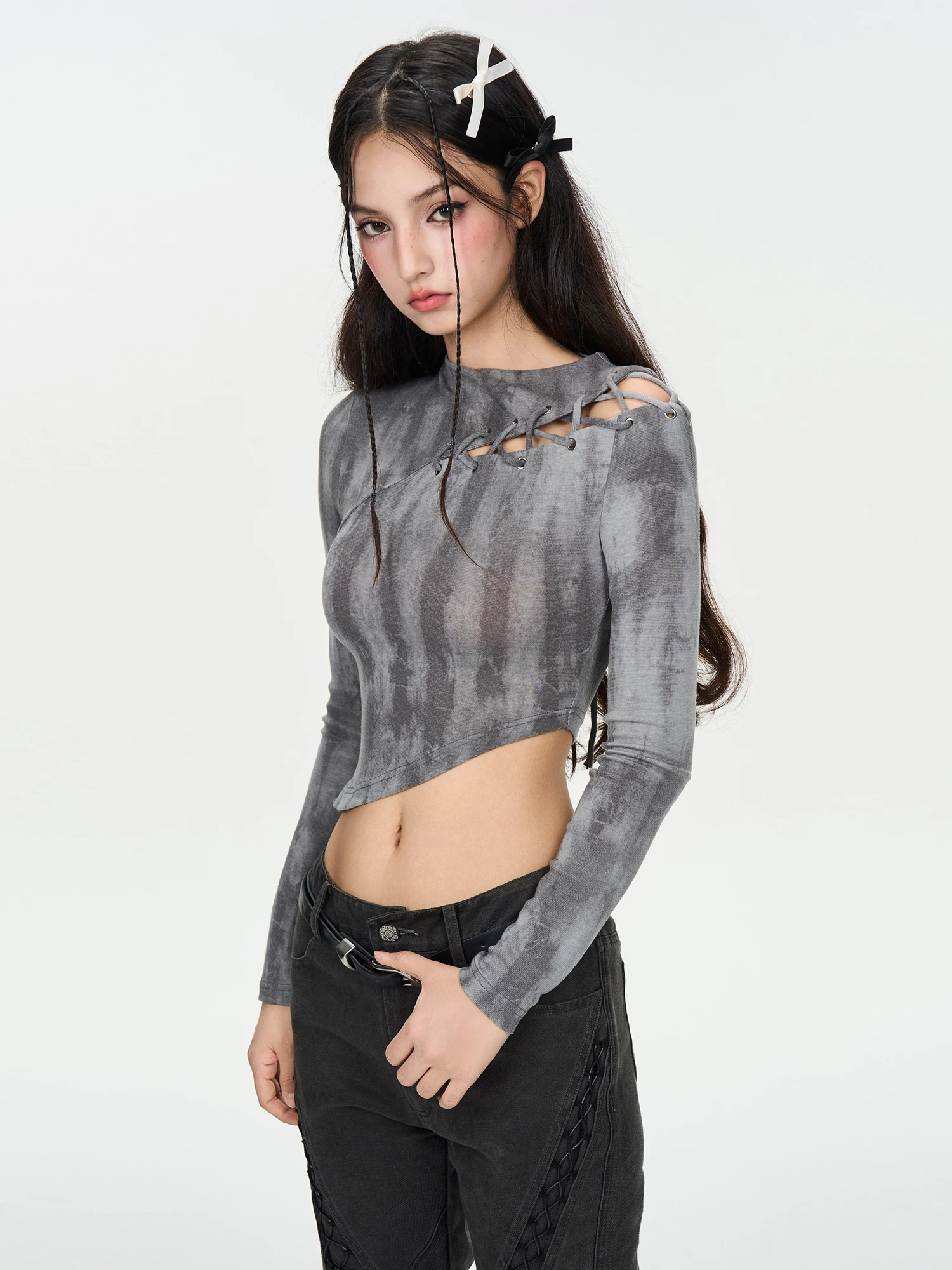 

IUNAE LUMEN 2025 Autumn Winter New Sle Desert Wind Small Cro Spicy Girl Tie Dye Irregular Long Sve Women's T-irt