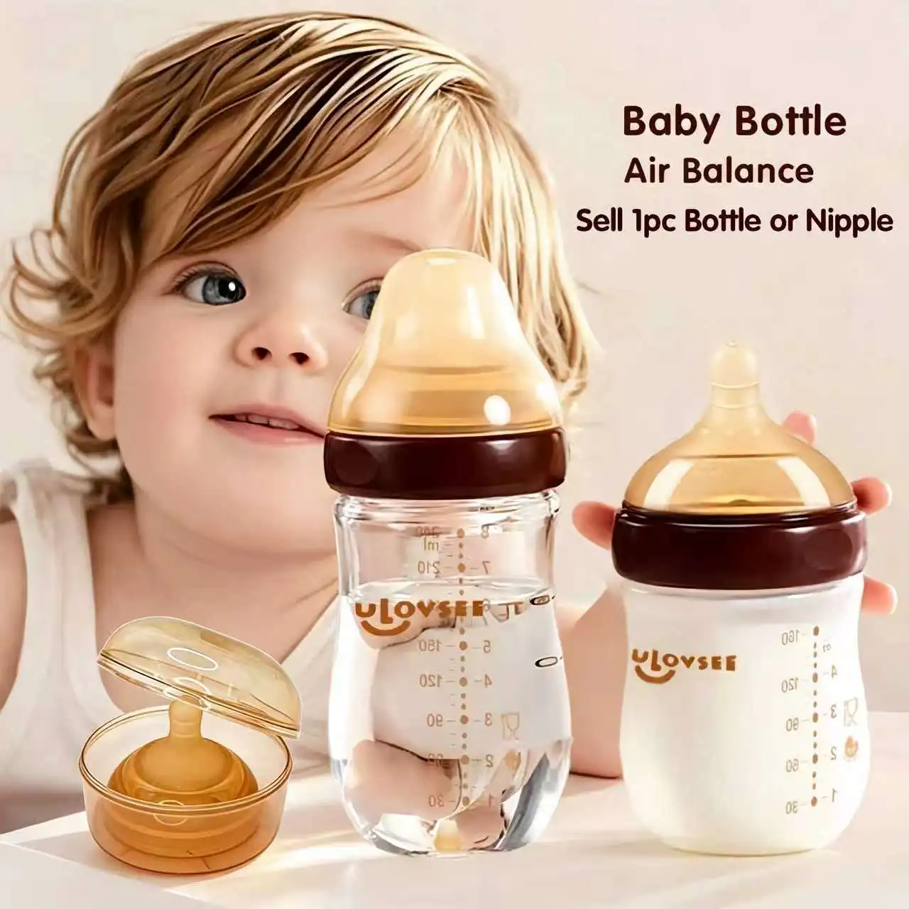 4oz,8oz High Borosilicate Glass Baby Bottle,Nipple,Wide-Neck Feeding Bottle with Bottom Air Balance Hole/Valve,Glass Milk Bottle