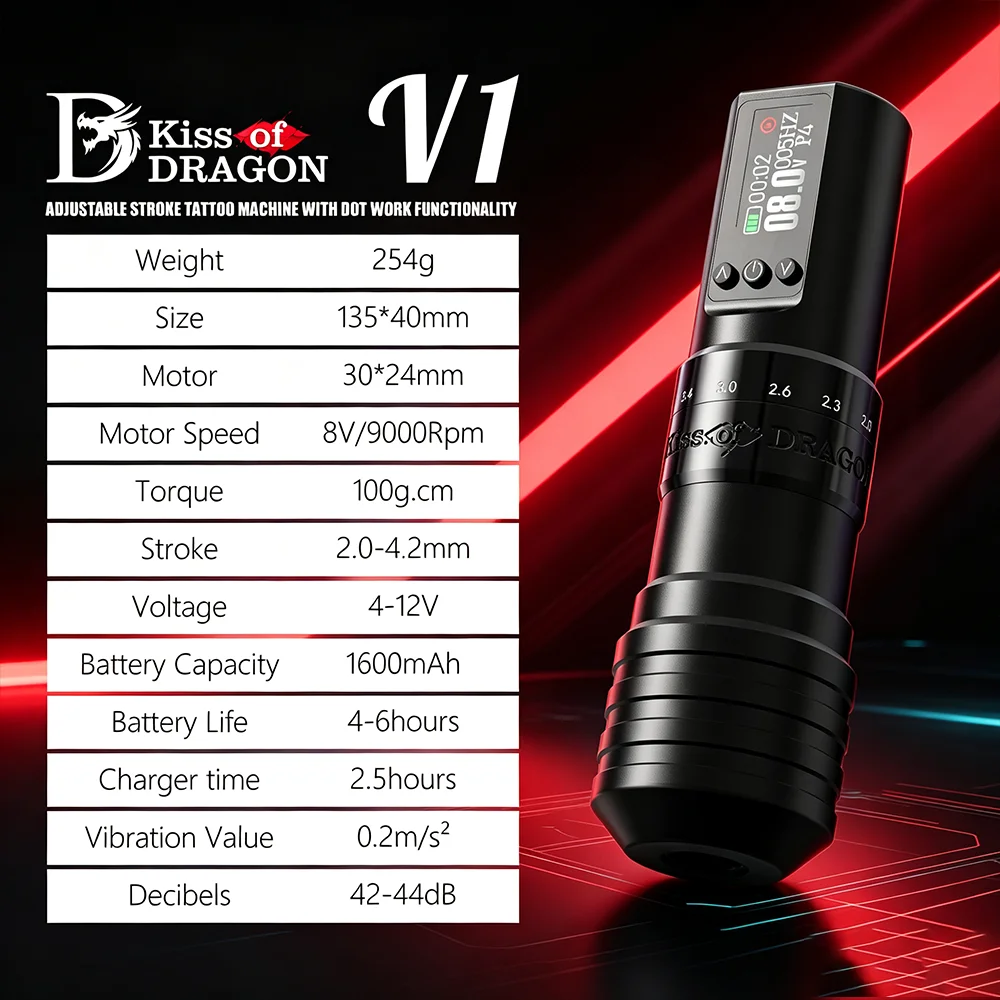 Kiss of Dragon V1 Wireless Rotary Tattoo Pen 2.0-4.2mm Adjustable Stroke Dot Work Function 1600mAh Low Vibration Tattoo Machine