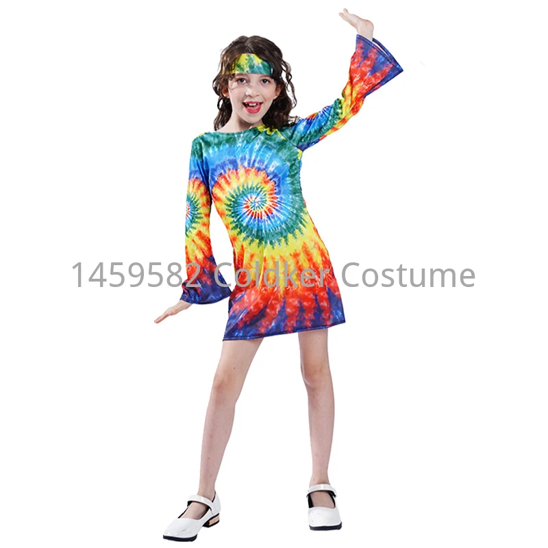 Kleines Mädchen Kinder Regenbogen Hippie Kostüm amerikanische Retro bunte Hippie Rock Bühne Performance Kostüm