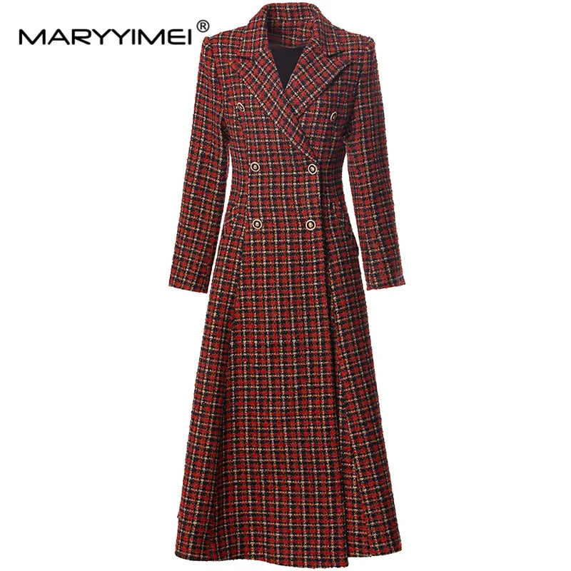 MARYYIMEI New Style Women's Elegant Long Sleeved Coat Turn-Down Collar Double Breasted Autumn and Winter Plaid Overcoat